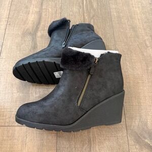 NWT Lane Bryant Black Wedge Ankle Boots Faux Fur Trim Wide Width 11W Women